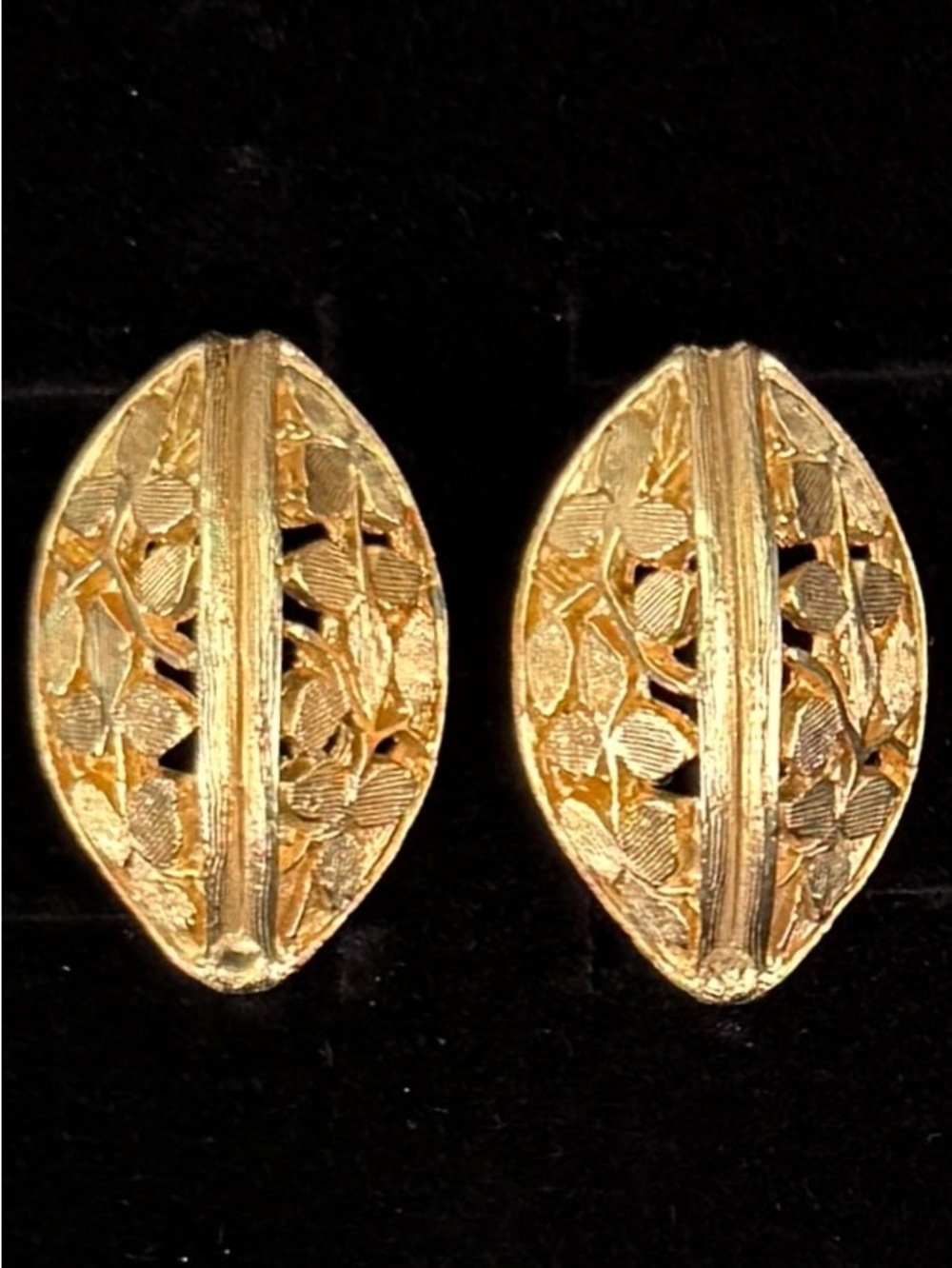 Gorgeous raised carved brushed goldtone, clip on vintage earrings
